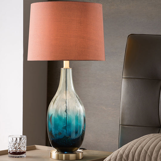 Contemporary Beige/Brown Drum Table Lamp With Blue Glass Base Brown