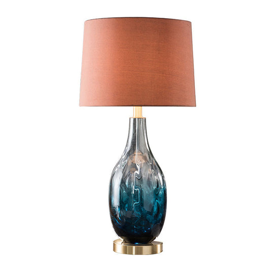Contemporary Beige/Brown Drum Table Lamp With Blue Glass Base