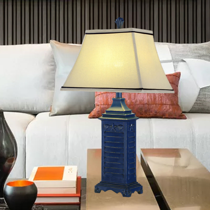 Angélique - Retro 1-Light Pagoda Night Table Lamp Retro White Fabric Nightstand Light with Dark Blue Pedestal