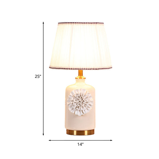 Modern White Truncated Cone Table Lamp With Pleated Fabric Shade And Flower Decor