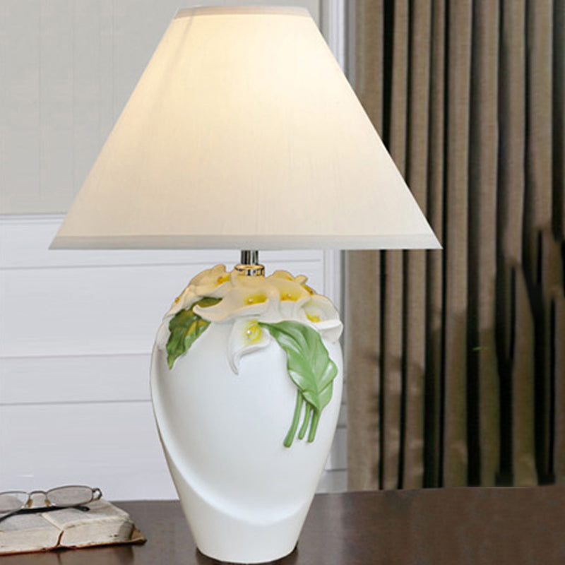 Embossed Lily Urn Night Lamp - Rural White/Green Ceramic Table Light With Cone Shade White-Green