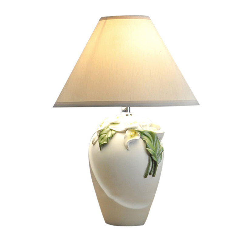Embossed Lily Urn Night Lamp - Rural White/Green Ceramic Table Light With Cone Shade