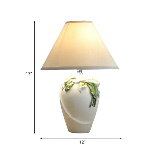 Embossed Lily Urn Night Lamp - Rural White/Green Ceramic Table Light With Cone Shade