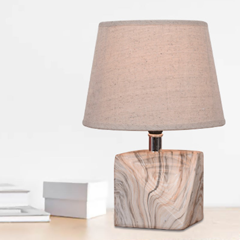 Rustic Table Lamp: Tapered Fabric Bedside Night Light With Wood Grain Base White Finish