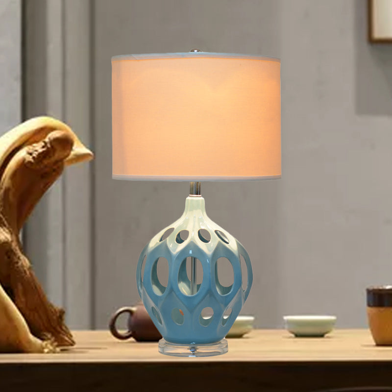 Blue Ceramic Hollowed Out Night Light Table Lamp With Fabric Shade - Traditional Single Living Room