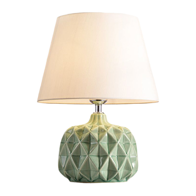Rustic Trellis Ceramic Night Lamp: Green/White Bedside Table Light With Cone Shade