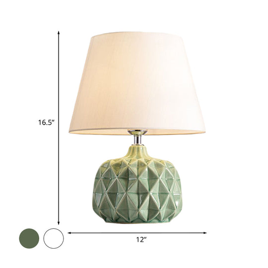 Rustic Trellis Ceramic Night Lamp: Green/White Bedside Table Light With Cone Shade