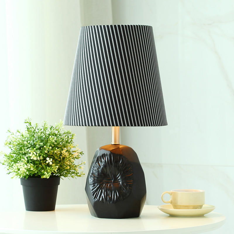 Modern Black Ticking Stripe Table Lamp - 1-Light Conical Design With Hammered Base Ideal For Kitchen