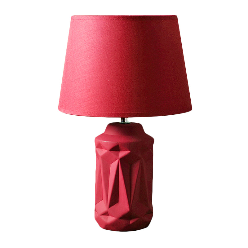 Minimalistic Ceramic Red Nightstand Lamp - Geometric-Cut Cylinder Shape