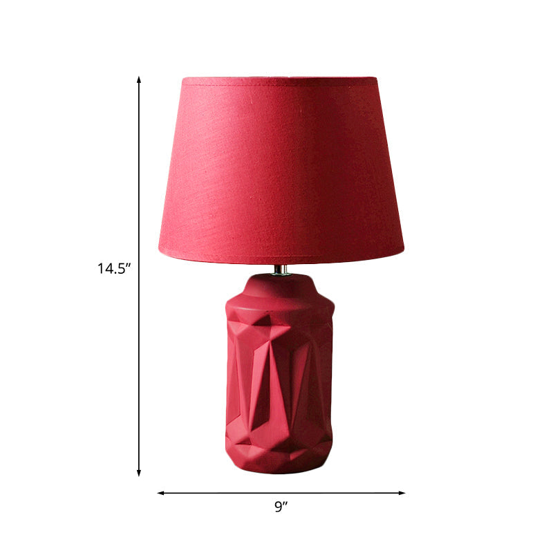 Minimalistic Ceramic Red Nightstand Lamp - Geometric-Cut Cylinder Shape
