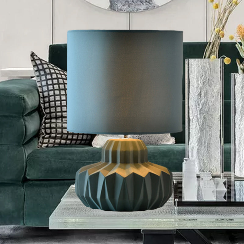 Minimalist Single Cylinder Night Light For Sitting Room | Blackish Green Fabric Table Lighting