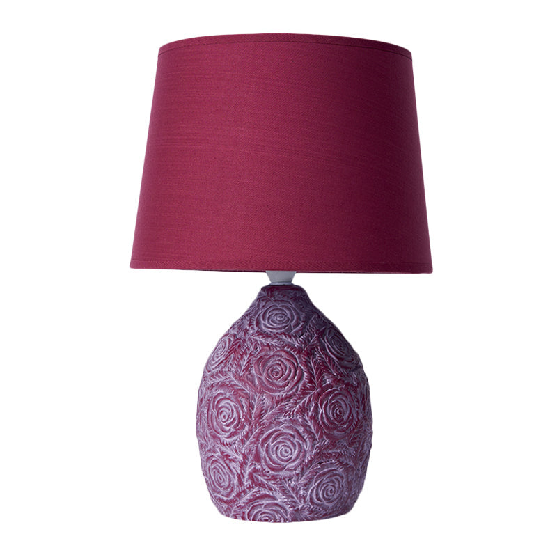Rustic Carved Rose Pot Night Lamp With Ceramic Table Light - Purple/Red Tapered Drum Shade