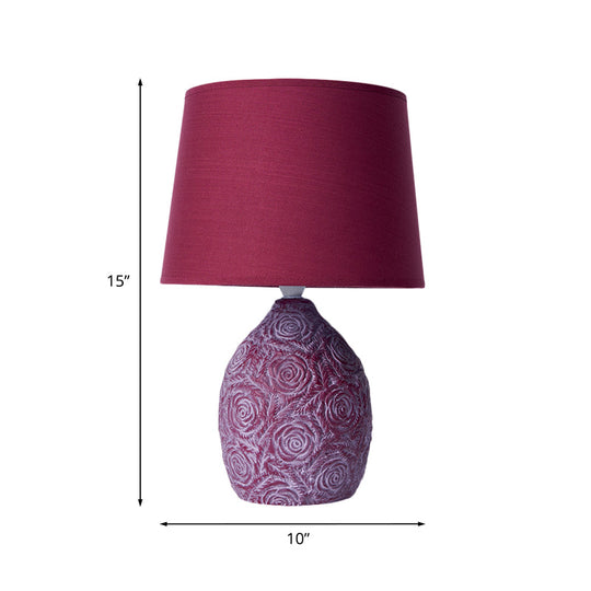 Rustic Carved Rose Pot Night Lamp With Ceramic Table Light - Purple/Red Tapered Drum Shade