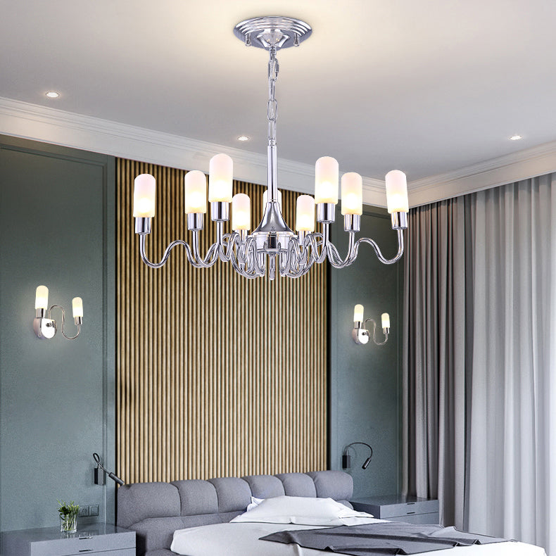 Modern Silver Cylinder Chandelier With Led Lights Milk Glass Shades And Curved Arm