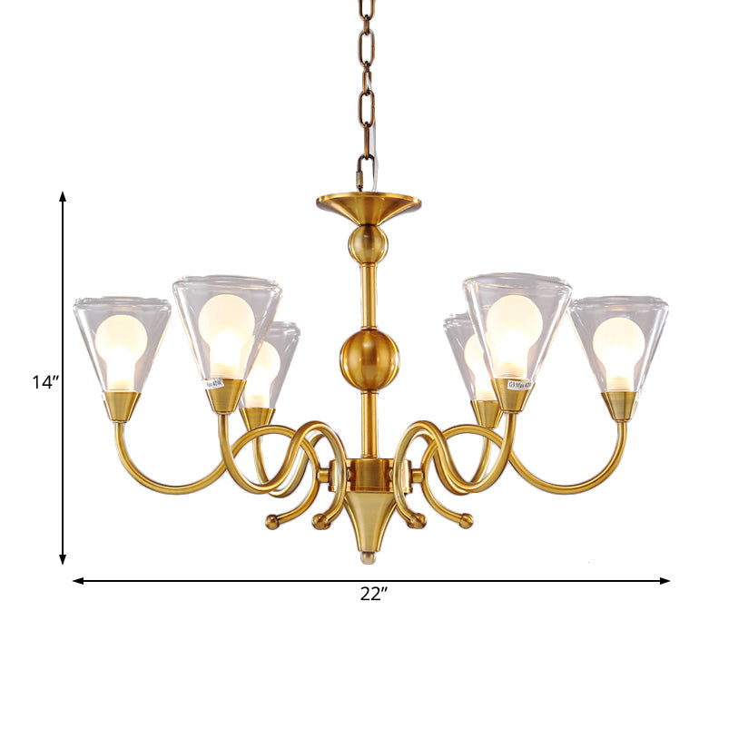 Clear Glass Led Brass Chandelier Pendant Lamp - Post-Modern Cone Design With Multi Lights And Curved