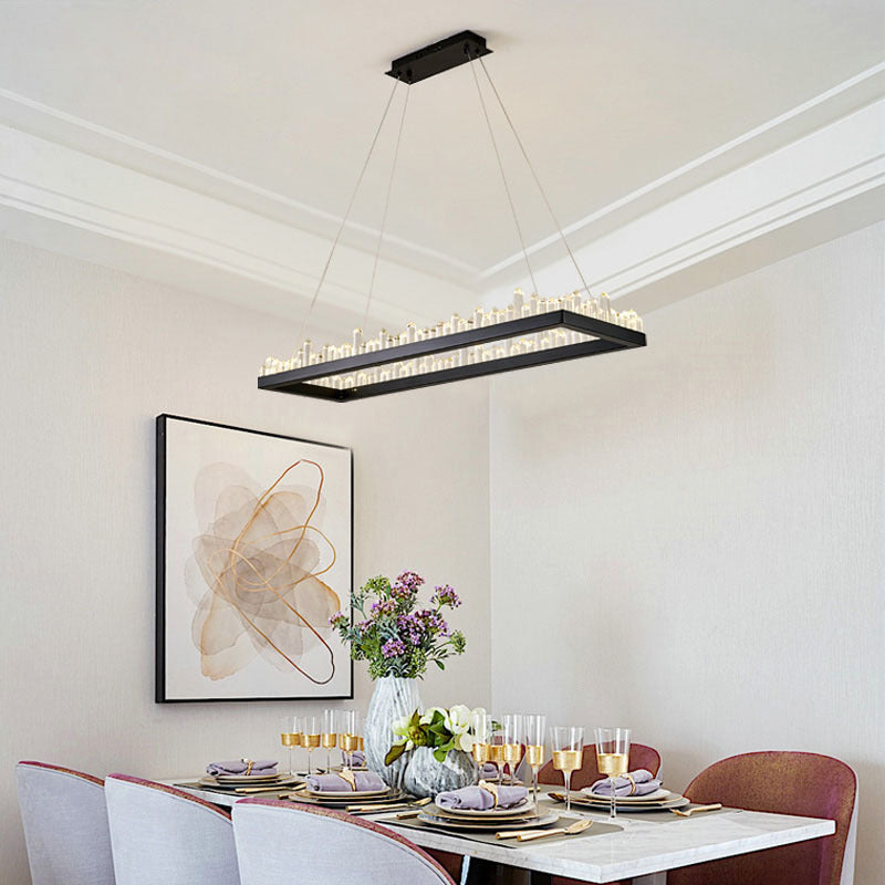 Modern Crystal Pendant Chandelier - Black Rectangular Design With White/Warm Light Dining Room