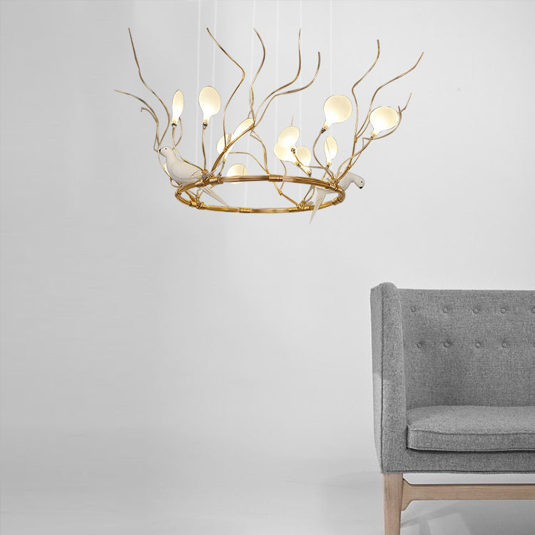 Lodge Led Gold Pendant Chandelier - Metal Ring Hanging Light With Acrylic Shade And Bird Accent