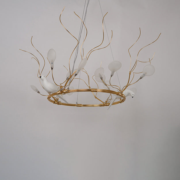 Lodge Led Gold Pendant Chandelier - Metal Ring Hanging Light With Acrylic Shade And Bird Accent