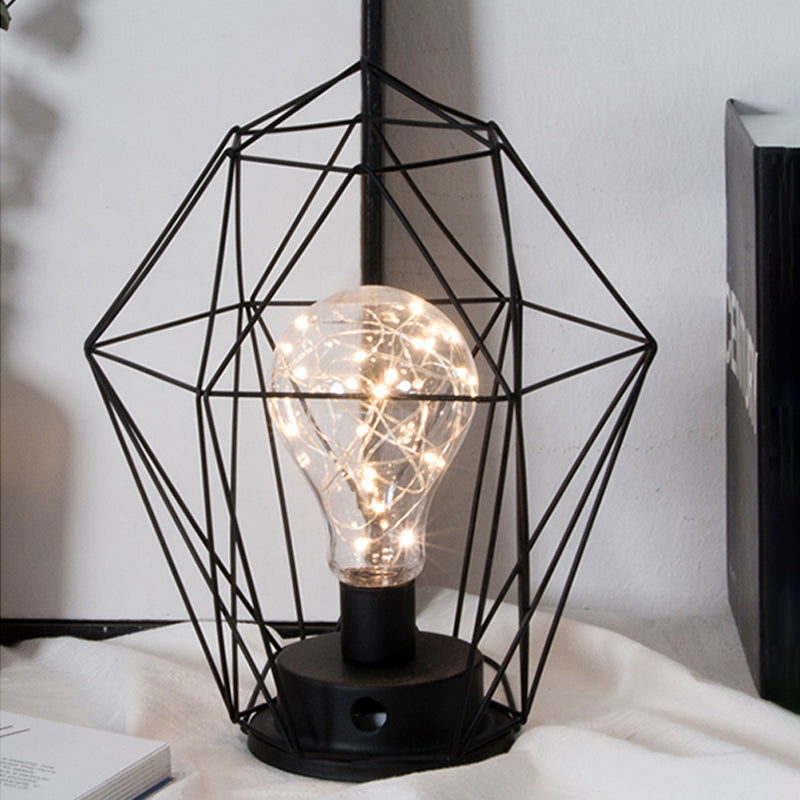 Stylish Black Metal Table Lamp With Cage Shade - Ideal For Bedside Or Loft Decor / Diamond