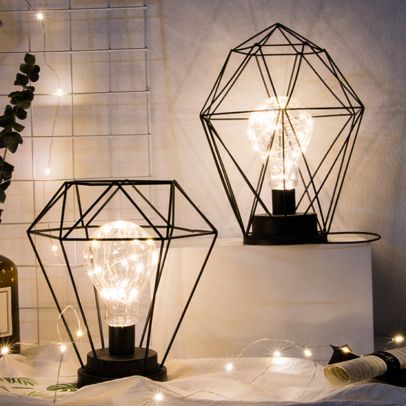 Stylish Black Metal Table Lamp With Cage Shade - Ideal For Bedside Or Loft Decor