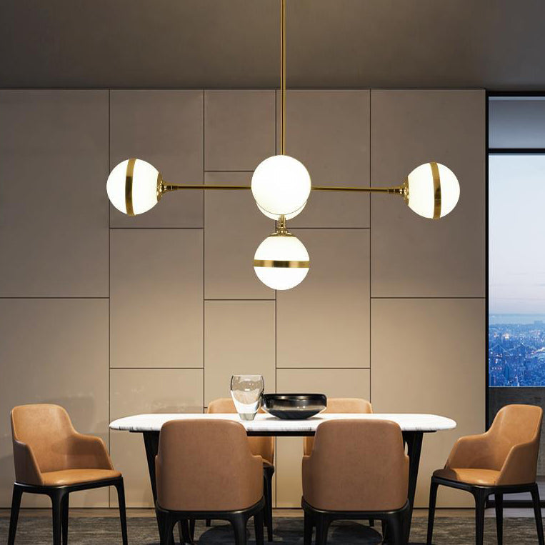Contemporary Milk Glass Globe Chandelier- Gold 3/5 Lights- Dining Room Pendant