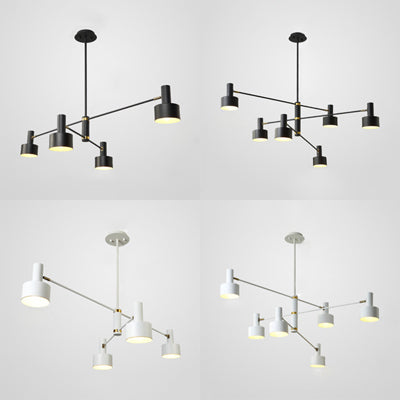 Nordic Long Arm Chandelier With Black/White Drum Shade - Stylish Metal Hanging Lighting For Living