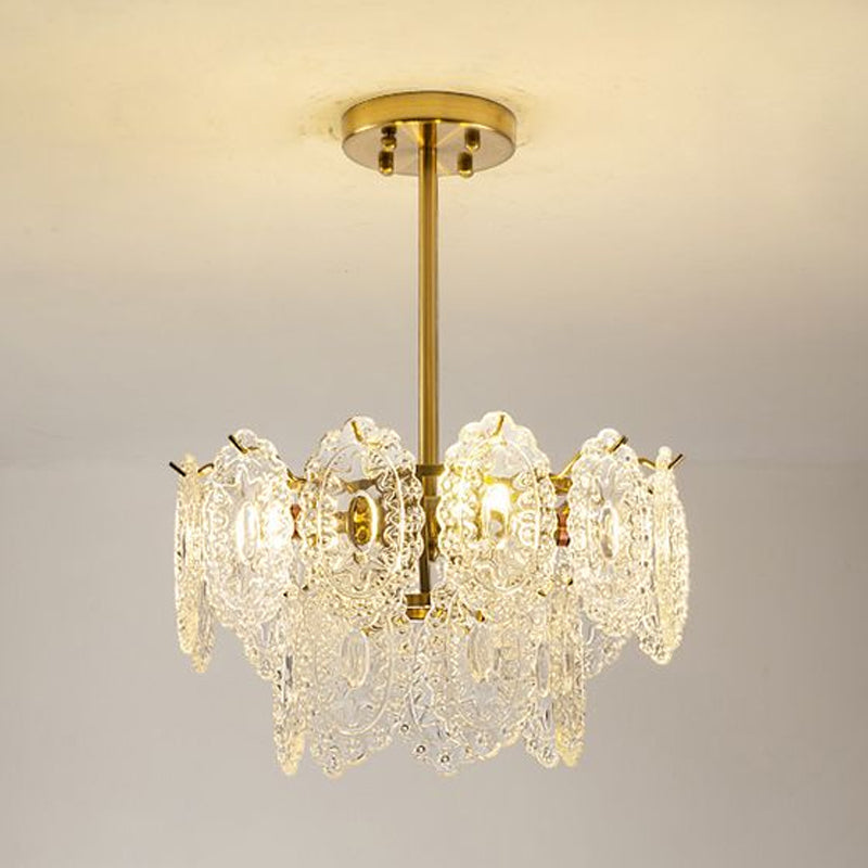 Modern Gold Glass Chandelier: Layered Scalloped Design, 4/6 Clear Bulbs, Hanging Bedroom Light Fixture