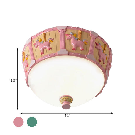Resin Dome Flush Mount Light - Kids Pink/Green Led Flushmount With Carousel Pattern White/Warm