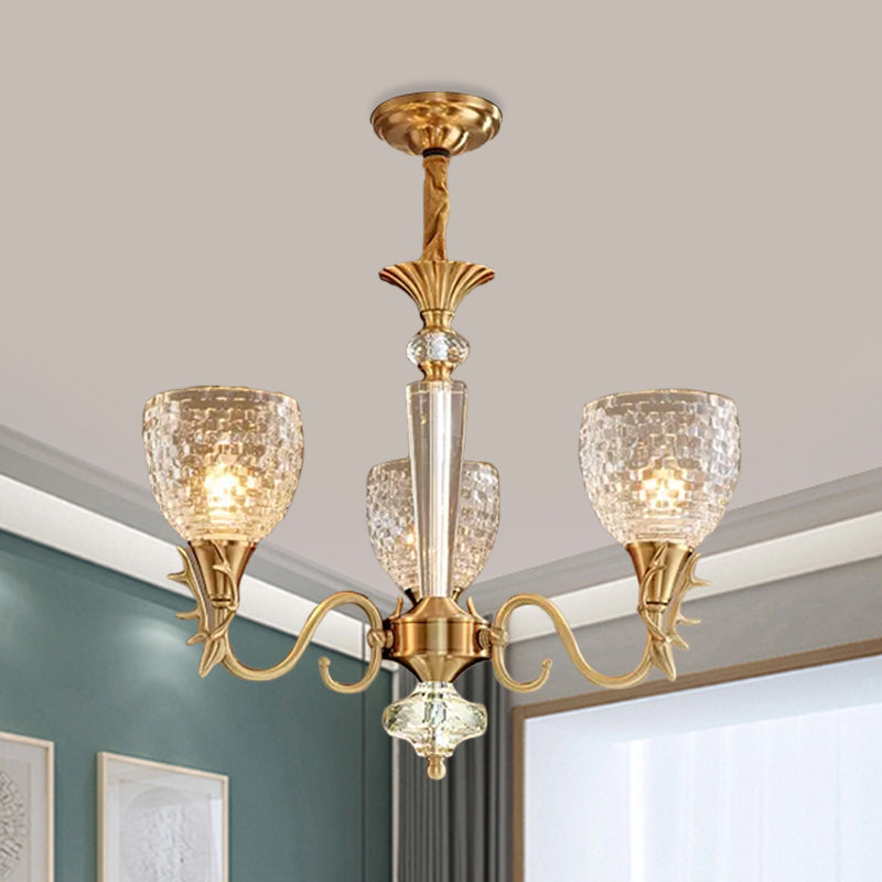 Modern Gridded K9 Crystal 3-Light Brass Chandelier For Dining Room Hanging Pendant