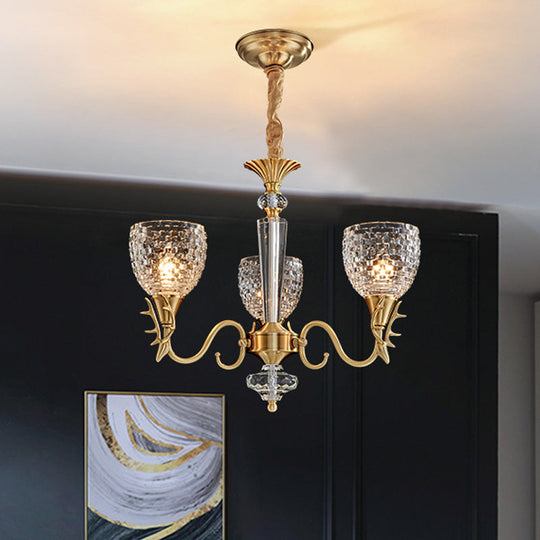 Modern Gridded K9 Crystal 3-Light Brass Chandelier For Dining Room Hanging Pendant