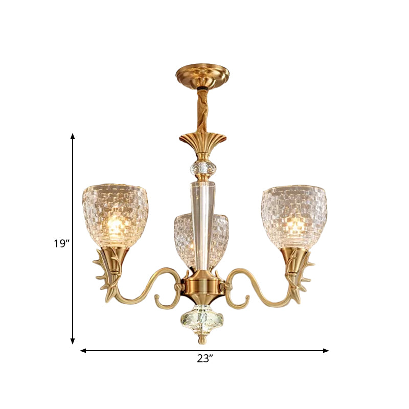Modern Gridded K9 Crystal Chandelier - Bell Dining Room Pendant with 3 Brass Hanging Lights