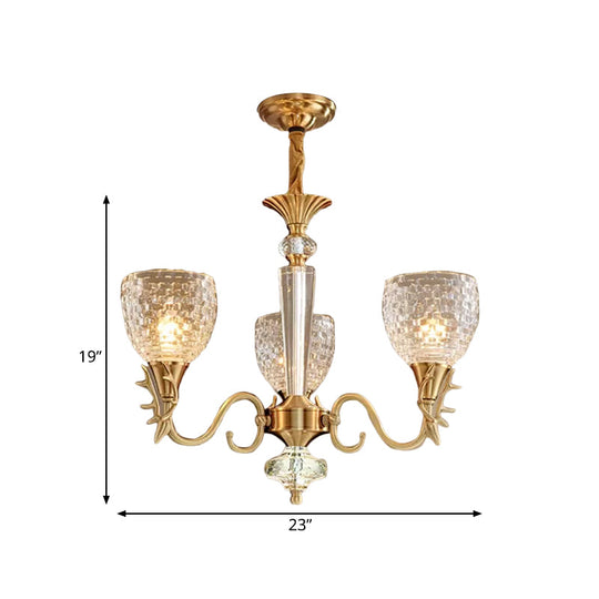 Modern Gridded K9 Crystal Chandelier - Bell Dining Room Pendant with 3 Brass Hanging Lights