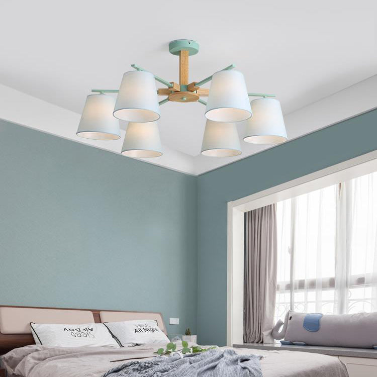 Modern Wood Ceiling Pendant with Tapered Fabric Shade - Available with 3/6 Heads for Living Room Chandelier Lighting