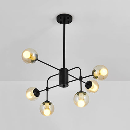 Contemporary 6-Light Hanging Chandelier With Glass Orb Shades - Black/White Finish Black