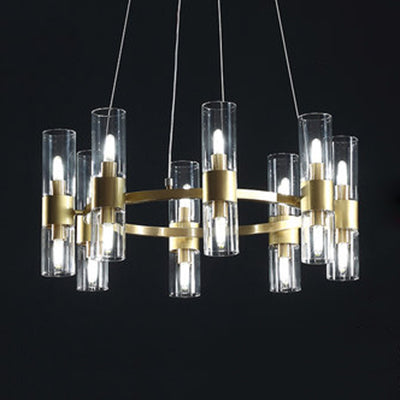 Modern Glass Pendant Chandelier With Clear Cylindrical Shades - 6/16 Lights 16 / Gold