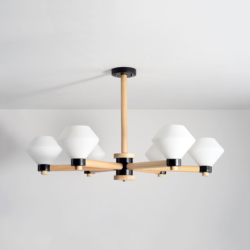 White Glass Urn Pendant Light - 6-Light Nordic Wood Hanging Lamp for Living Room