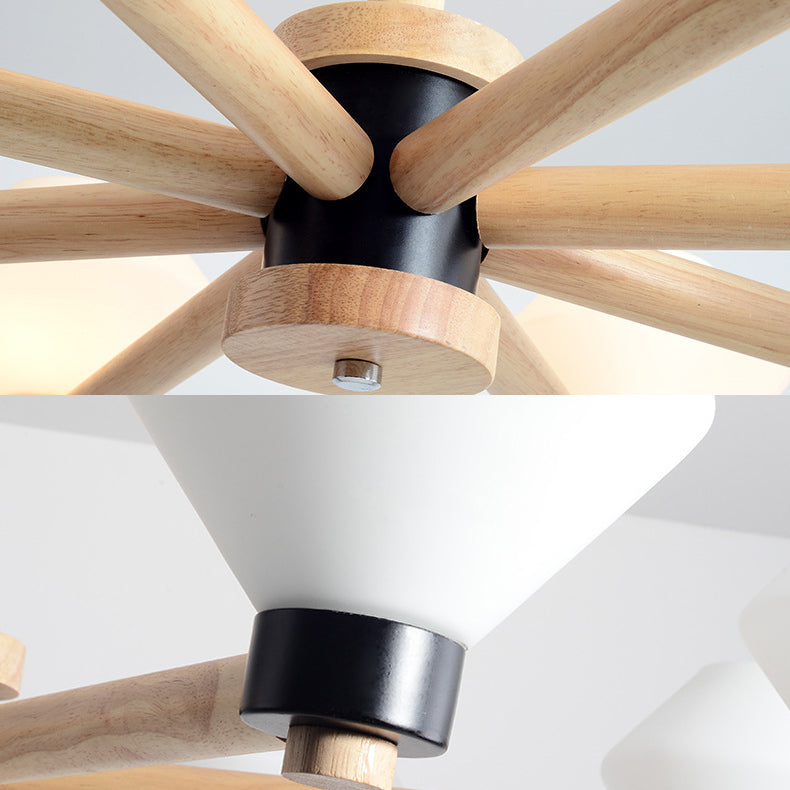 White Glass Urn Shade Pendant Light - 6-Light Nordic Wood Hanging Lamp For Living Room