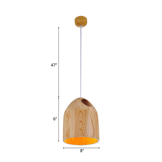 Contemporary Japanese Style Wood Bell Pendant - Beige Ceiling Light With Adjustable Cord- 1-Light