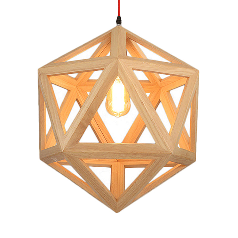 Cage Wood Pendant Light For Dining Room - 1-Head Ceiling Fixture In 15/19 Size