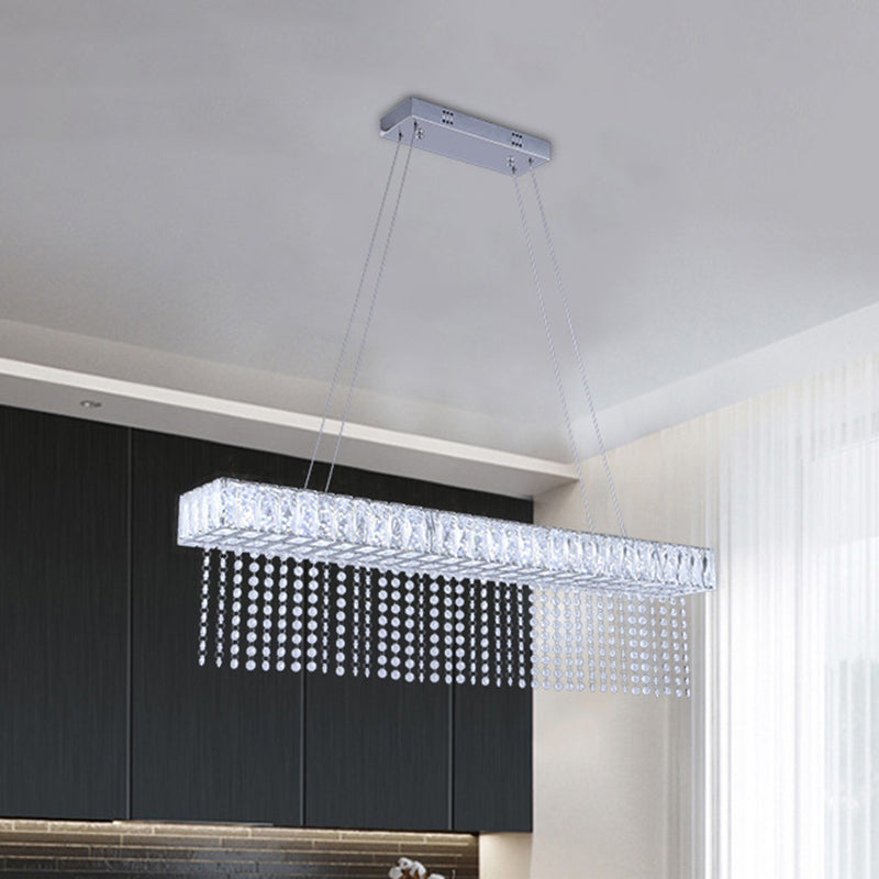 Modern Crystal Led Kitchen Island Pendant Light With Chain Fringe - Oversized Rectangle Design Clear