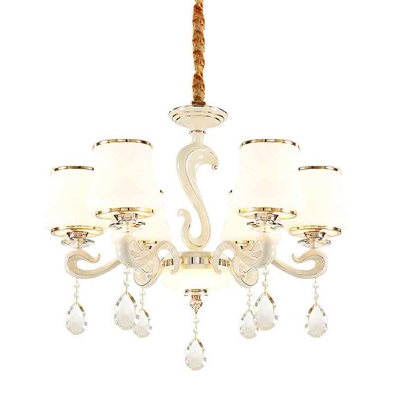 6-Bulb Opal Glass Hanging Lamp - Modern White Curved Shape Chandelier Light For Bedrooms