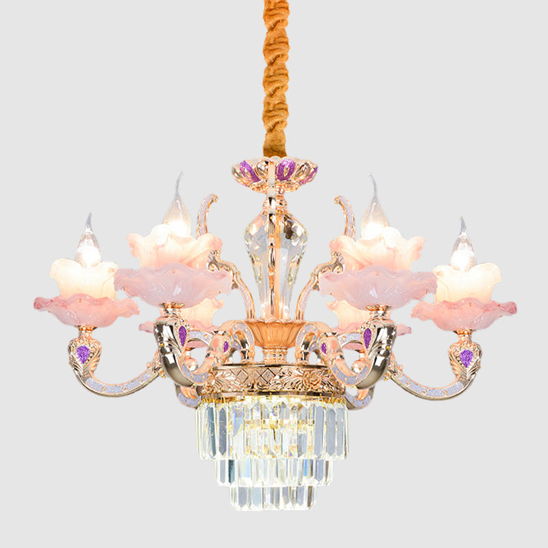 Contemporary Pink Glass Pendant Chandelier With Tiered Crystal Bottom - 6 Lights 2-Layer Ruffle