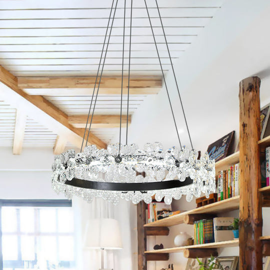 Minimalistic Black Crystal Flower Led Chandelier - 1/2-Tier Hoop Hanging Light Kit For Living Room /