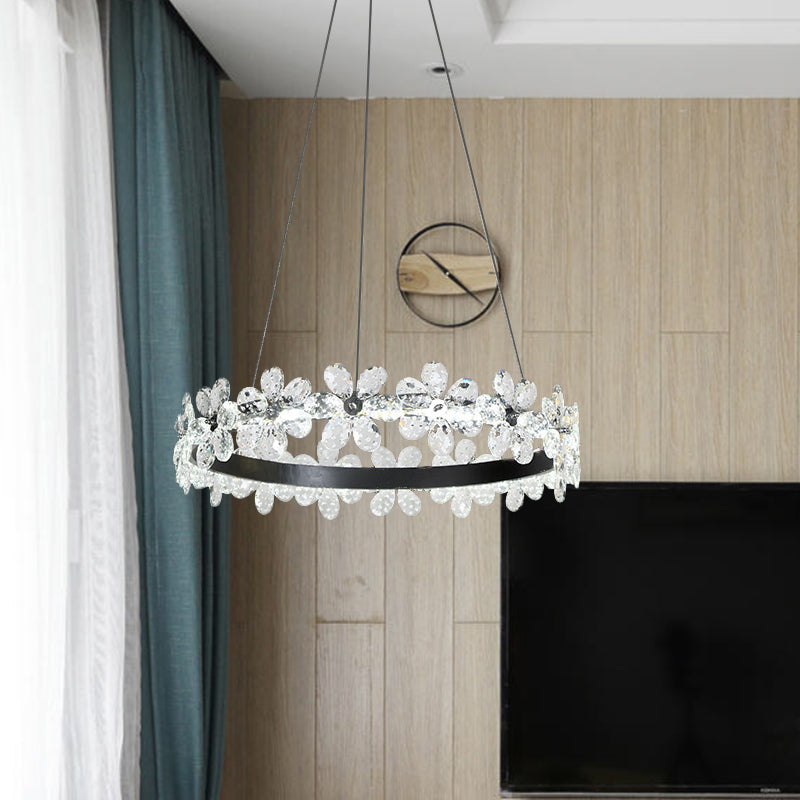 Minimalistic Black Crystal Flower Led Chandelier - 1/2-Tier Hoop Hanging Light Kit For Living Room