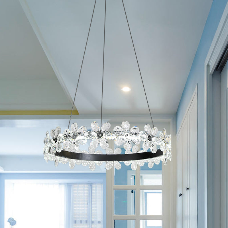 Minimalistic Black Crystal Flower LED Chandelier Lighting - Living Room Hoop Hanging Light Kit