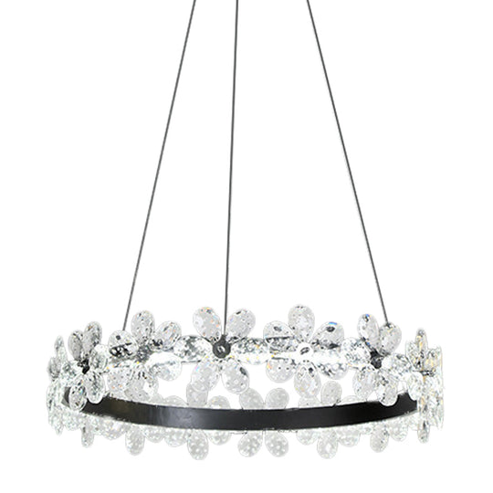 Minimalistic Black Crystal Flower Led Chandelier - 1/2-Tier Hoop Hanging Light Kit For Living Room