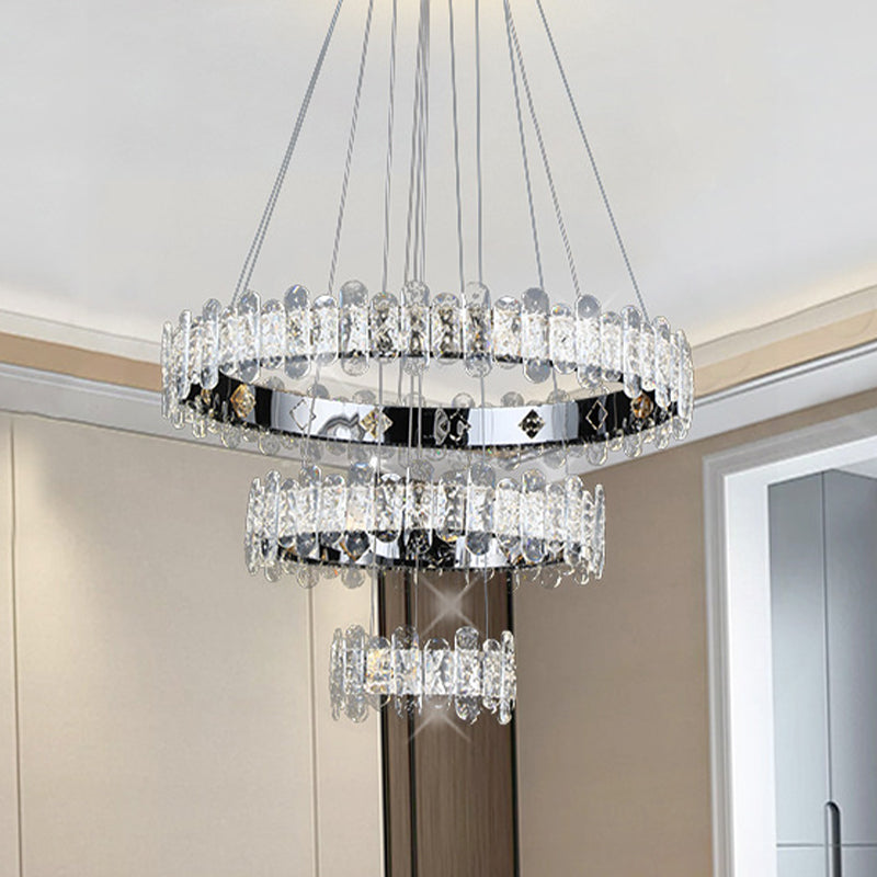 Contemporary Led Crystal Chandelier - 3-Tiered Circle Pendant Light With Embedded Chrome