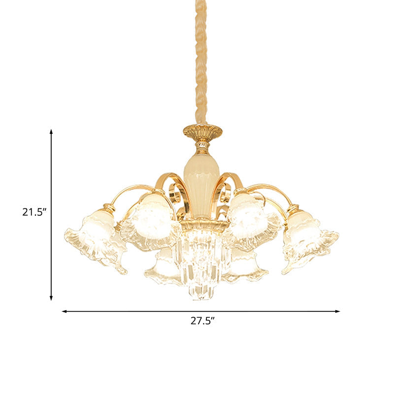 Modern Gold 8-Light Ceiling Pendant With Clear And Frosted Glass Flower Chandelier & Crystal Accent