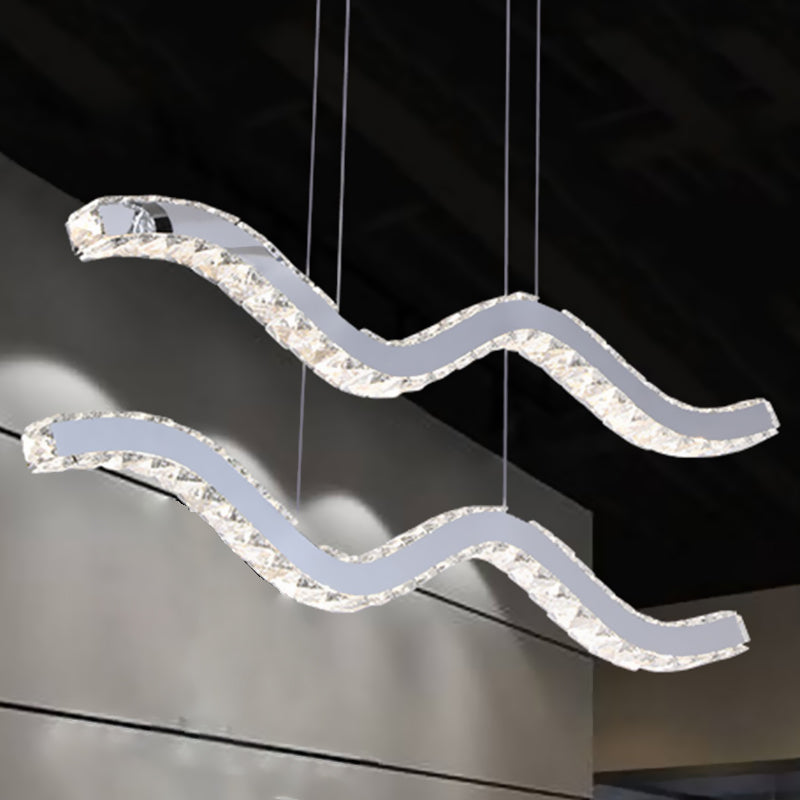 Stainless Steel Island Pendant Led Hanging Light With Wavy Crystal Strip - Minimalistic Office