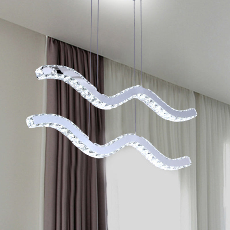 Stainless Steel Island Pendant Led Hanging Light With Wavy Crystal Strip - Minimalistic Office